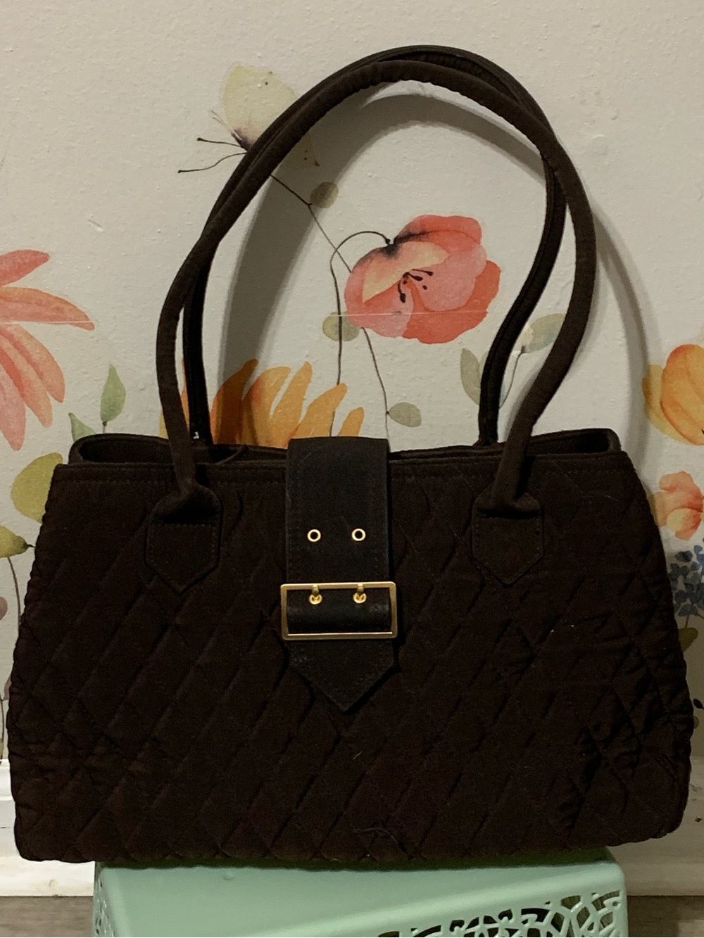Vera Bradley Buckle Satchel in Quilted Dark Brown - Vintage Shoulder Bag Purse
